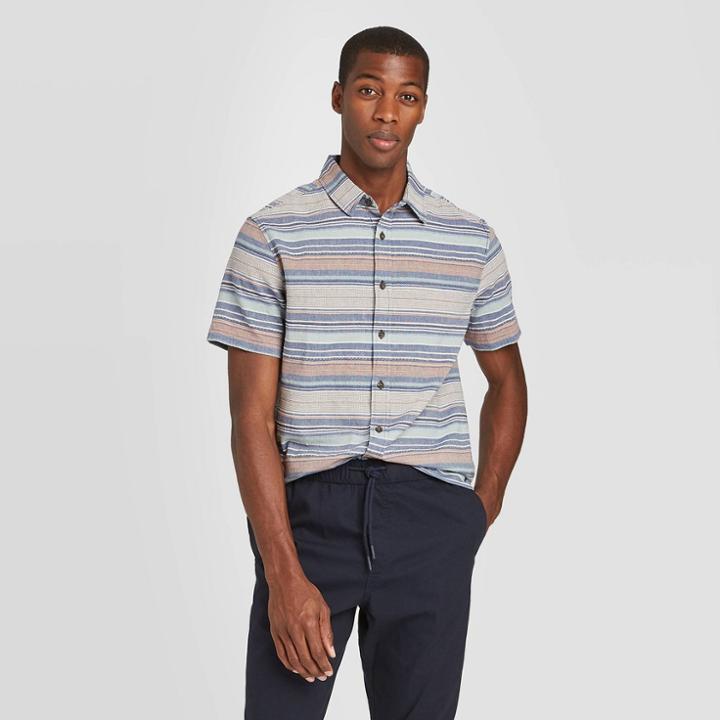Men's Striped Standard Fit Short Sleeve Shirt - Goodfellow & Co Cyber Blue