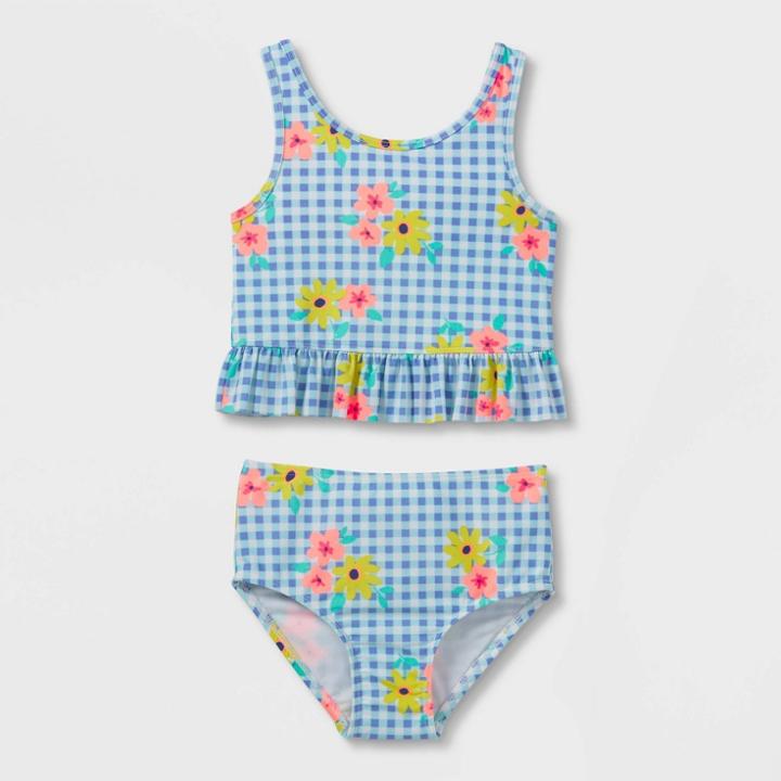 Toddler Girls' Floral Gingham Print Tankini Set Swimsuit - Cat & Jack Blue