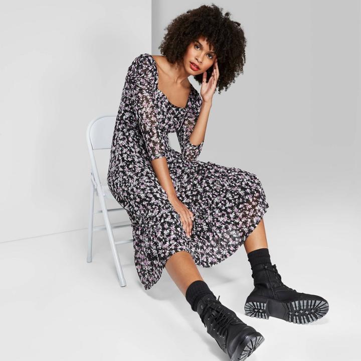 Women's Floral Print Long Sleeve Square Neck Mesh Maxi Dress - Wild Fable Black