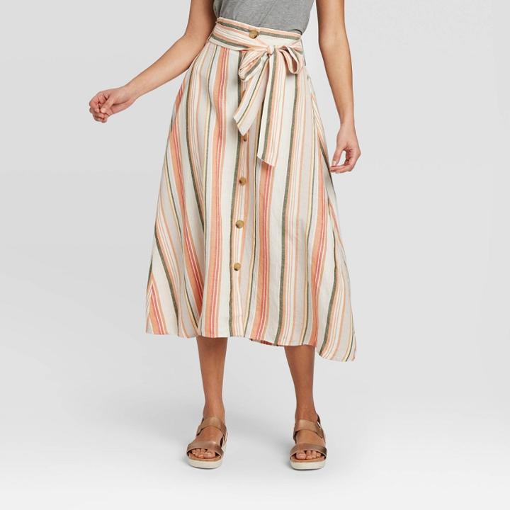 Women's Striped High-rise Button-front Linen Skirt - A New Day Cream Xs, Women's, Ivory