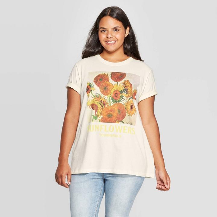 Mighty Fine Women's Sunflowers Plus Size Short Sleeve Graphic T-shirt (juniors') - Cream 1x, Size: