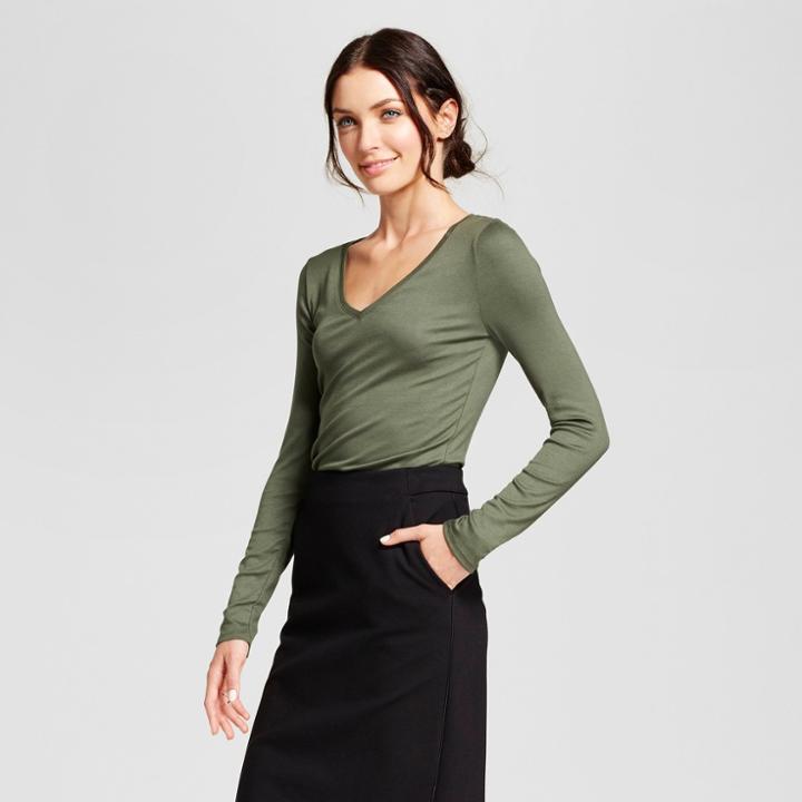Women's Long Sleeve V-neck T-shirt - A New Day Olive (green)