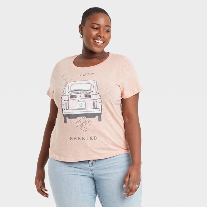 Grayson Threads Women's Plus Size Just Married Short Sleeve Graphic T-shirt - Peach