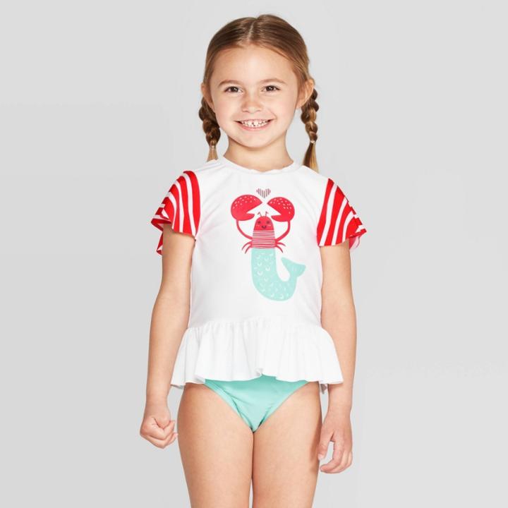 Toddler Girls' Short Sleeve Lobster Rash Guard Set - Cat & Jack White