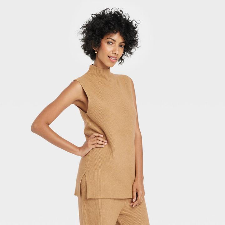 Women's Mock Turtleneck Ribbed Sweater Vest - A New Day Brown