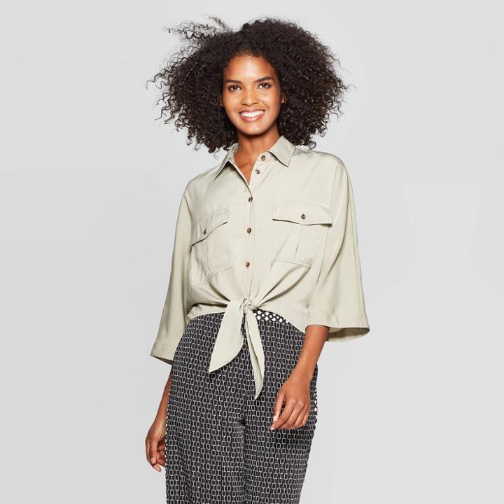 Women's Elbow Sleeve Collared Tie Front Utility Blouse - Who What Wear Green M,