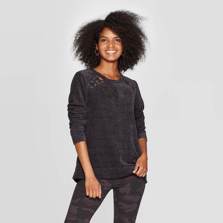 Women's Long Sleeve Scoop Neck Shoulder Lace-up Pullover Sweatshirt - Knox Rose Gray S, Women's,