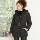 Women's Belted Mid Length Puffer Jacket - A New Day Black