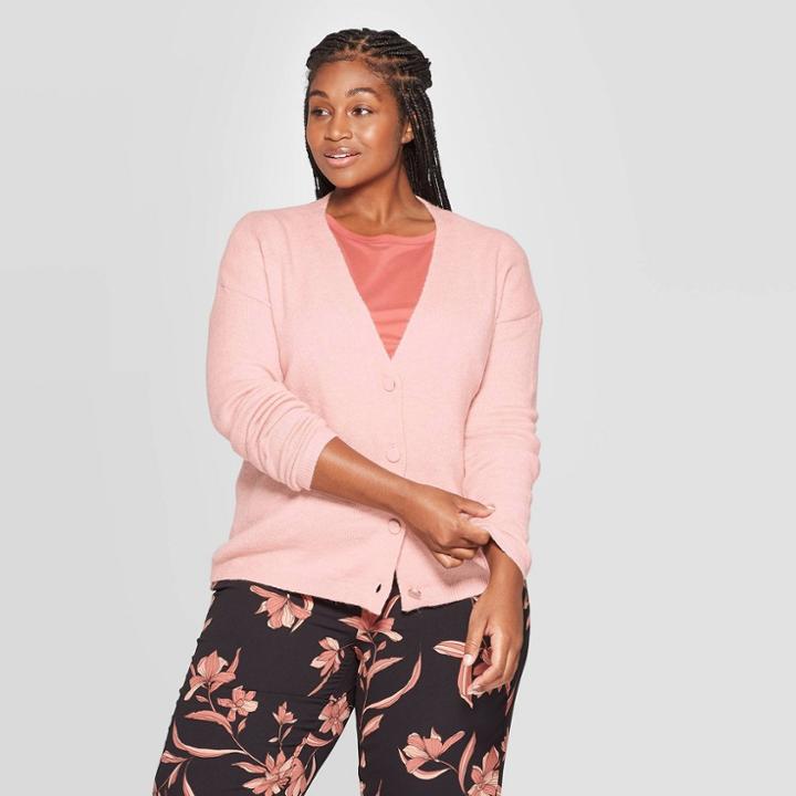 Women's Plus Size Long Sleeve Open Layering Button Front Cardigan - Ava & Viv Blush