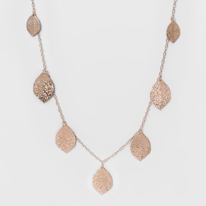 Distributed By Target Women's Long Necklace With Ten Textured Leaves - Rose Gold