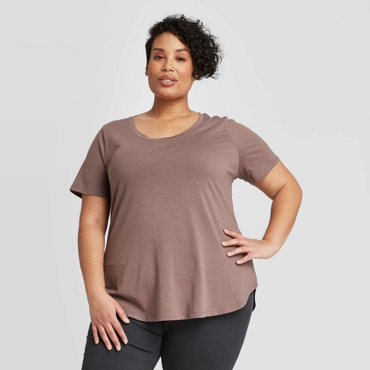 Women's Plus Size Short Sleeve Scoop Neck Relaxed T-shirt - Ava & Viv Brown 1x, Women's,