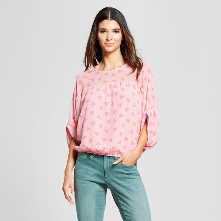 Eclair Women's Floral Print 3/4 Sleeve Bubble Hem Blouse With Sheer Panel - Clair Pink/red