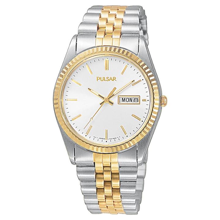 Men's Pulsar Day /date Functional Watch - Two Tone With White Dial - Pxf304,