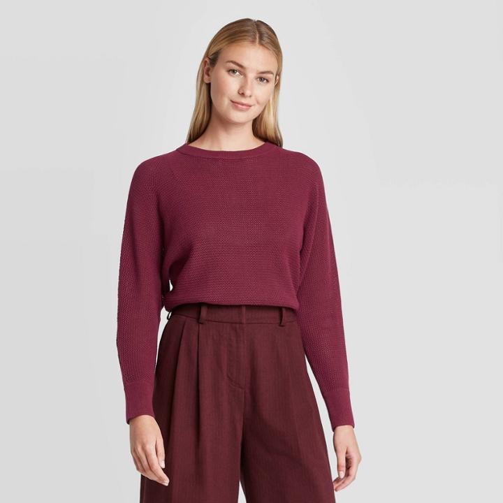 Women's Crewneck Mesh Pullover Sweater - Prologue Burgundy