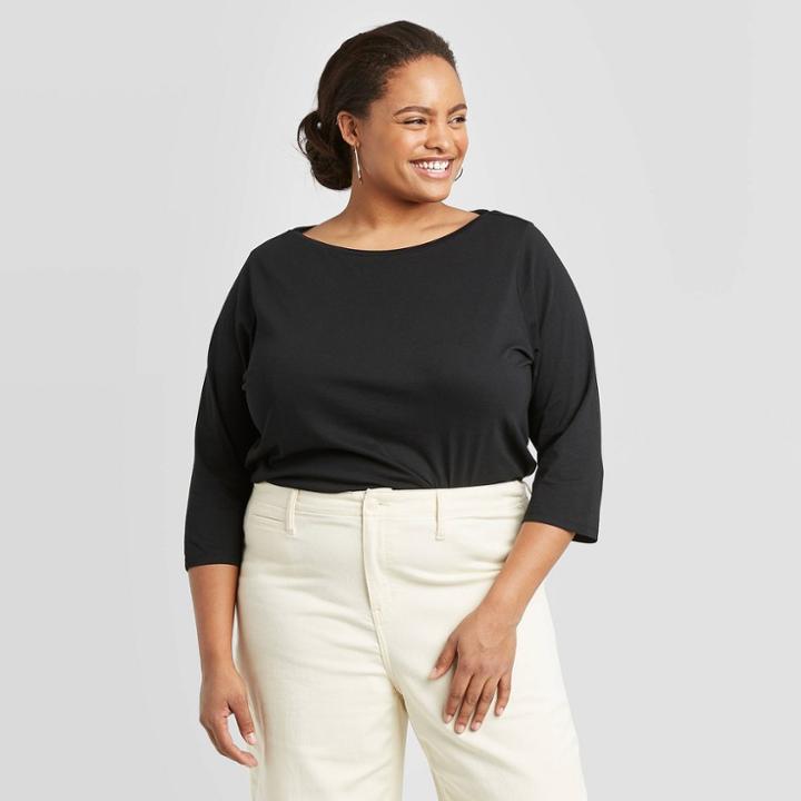 Women's Plus Size 3/4 Sleeve Boat Neck T-shirt - A New Day Black 1x, Women's,