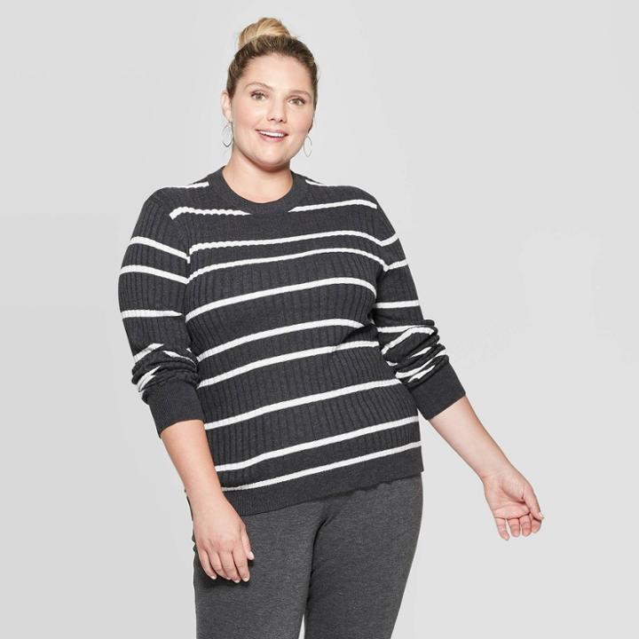 Women's Plus Size Striped Long Sleeve Crewneck Pullover Sweater - Ava & Viv Gray/cream 4x, Women's, Size: 4xl, Gray/ivory