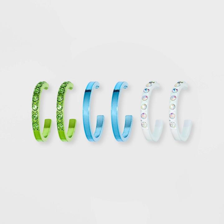 Rhinestone Pearlized Hoop Earring Set 3pc - Wild Fable Green/blue/white
