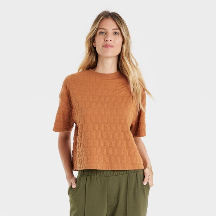 Women's Bell Short Sleeve Quilted Boxy T-shirt - A New Day Brown