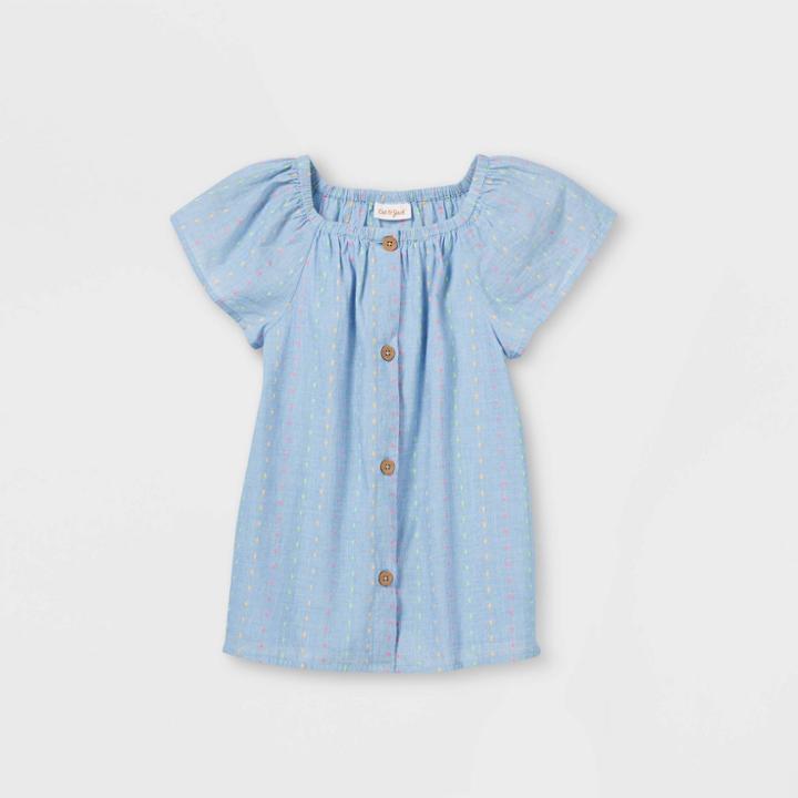Girls' Eyelet Button-front Woven Short Sleeve Top - Cat & Jack Blue