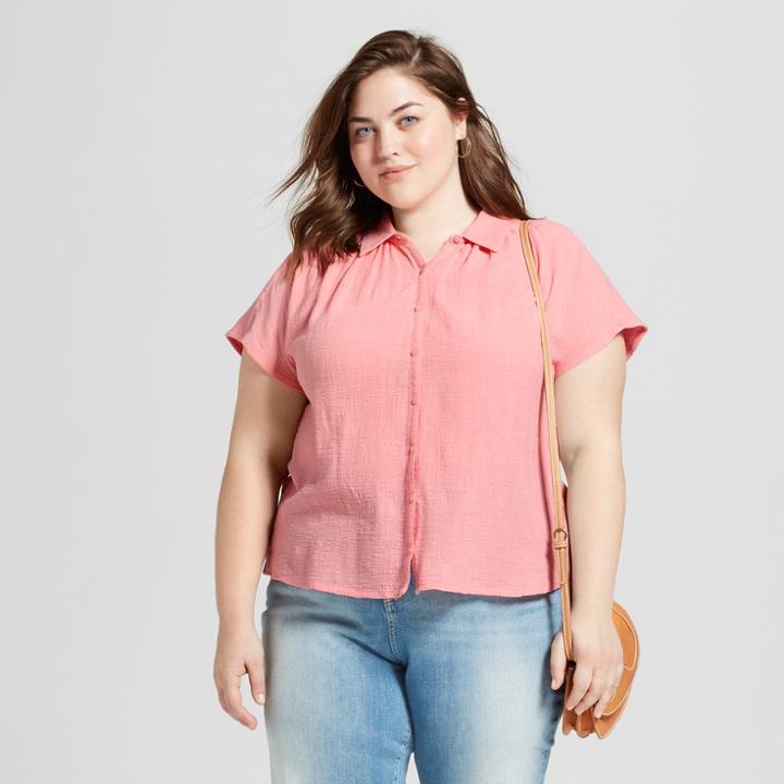 Women's Plus Size Short Sleeve Drapey Button-down - Universal Thread Coral (pink)