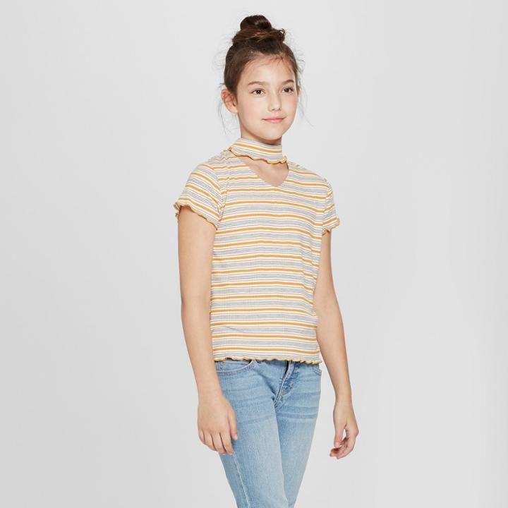 Girls' Gigi Lettuce Hem Short Sleeve T-shirt - Art Class Yellow Xs, Gray Yellow