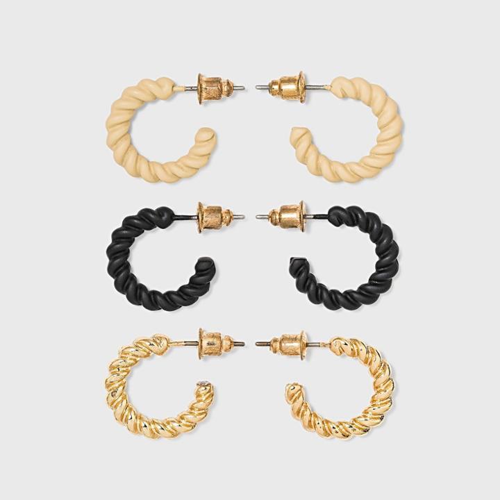 Twisted Solid And Sprayed Hoop Trio Earrings - A New Day Gold