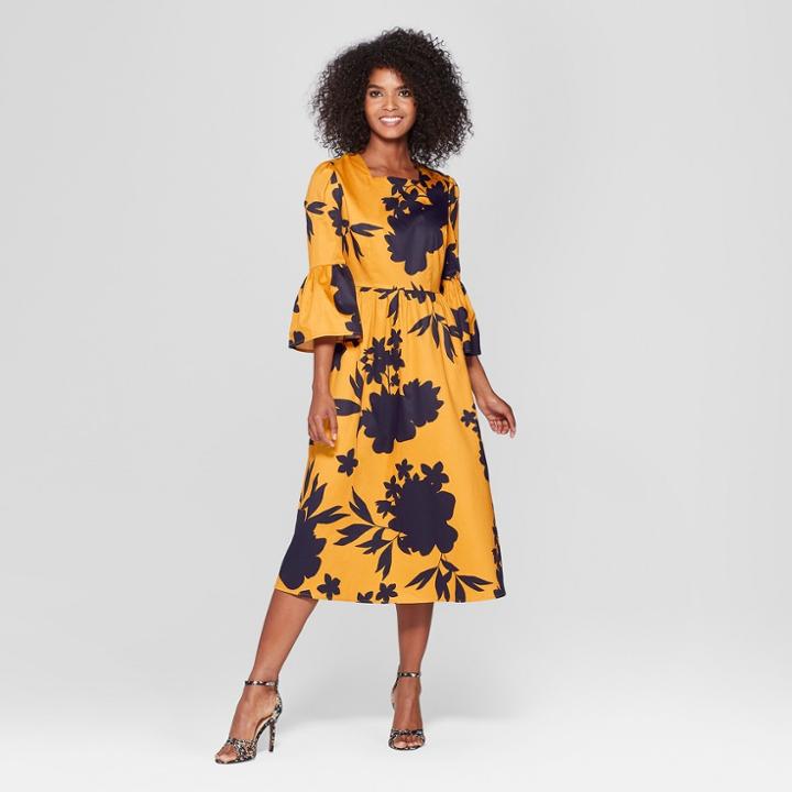 Women's Floral Print 3/4 Lampshade Sleeve Maxi Dress - Who What Wear Yellow/black Xs, Yellow Floral