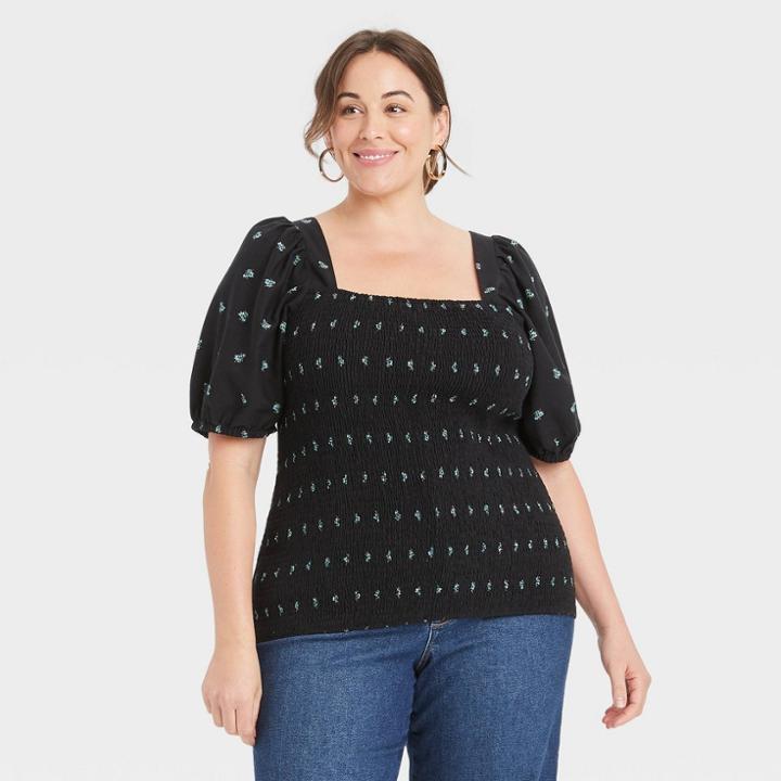 Women's Plus Size Square Neck Puff Short Sleeve Smocked Top - Ava & Viv Black Floral Print X