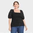 Women's Plus Size Square Neck Puff Short Sleeve Smocked Top - Ava & Viv Black Floral Print X