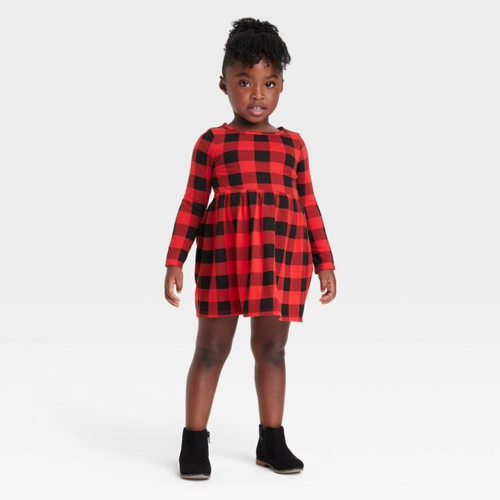 Toddler Girls' Long Sleeve Buffalo Check Dress - Cat & Jack Red