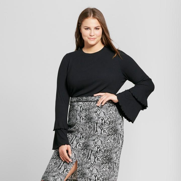 Women's Plus Size Ruffle Bell Sleeve Ribbed Top - Who What Wear Black X