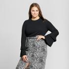 Women's Plus Size Ruffle Bell Sleeve Ribbed Top - Who What Wear Black X