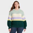 Women's Plus Size Striped Crewneck Pullover Sweater - Universal Thread Green