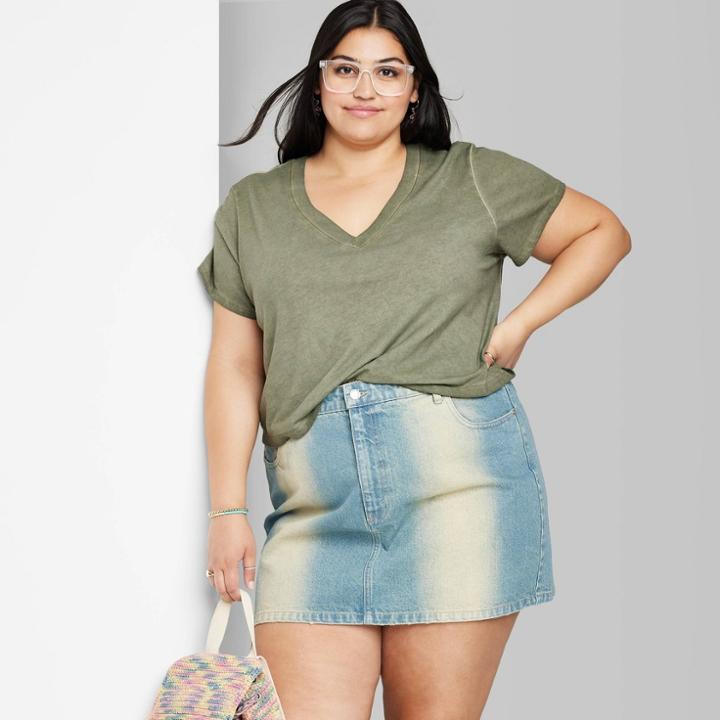Women's Plus Size Short Sleeve V-neck Shrunken Boxy T-shirt - Wild Fable Olive Green