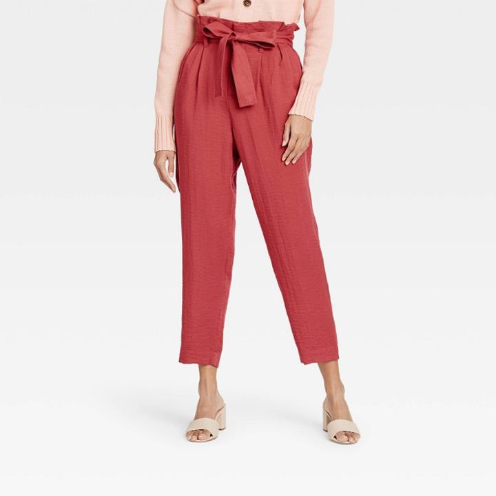 Women's High-rise Paperbag Ankle Pants - A New Day Dark Pink