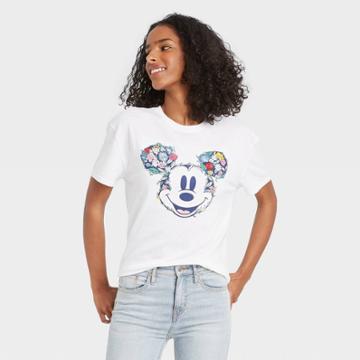 Women's Disney Mickey Floral Print Short Sleeve Graphic T-shirt - White