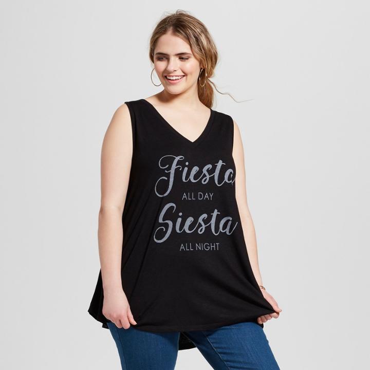 Women's Plus Size Fiesta All Day Siesta All Night Graphic Tank Top - Zoe+liv Black