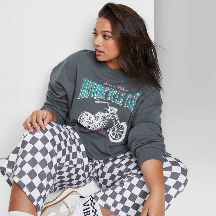 Women's Plus Size Ascot + Hart Motorcycle Club Cropped Graphic Sweatshirt - Gray