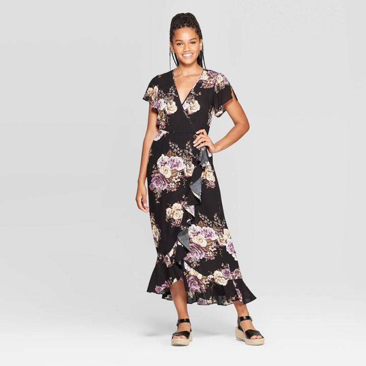 Petitewomen's Floral Print Short Sleeve Deep V-neck Wrap Maxi Dress - Xhilaration Black