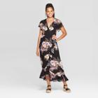 Petitewomen's Floral Print Short Sleeve Deep V-neck Wrap Maxi Dress - Xhilaration Black
