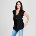 Women's Short Sleeve Crochet Trim Button Front Top - Knox Rose Black