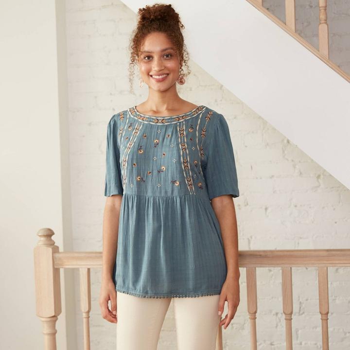 Women's Short Sleeve Embroidered Top - Knox Rose Blue