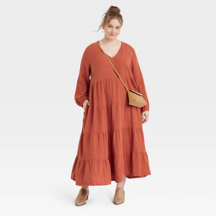 Women's Plus Size Balloon Long Sleeve Tiered Dress - Universal Thread Orange