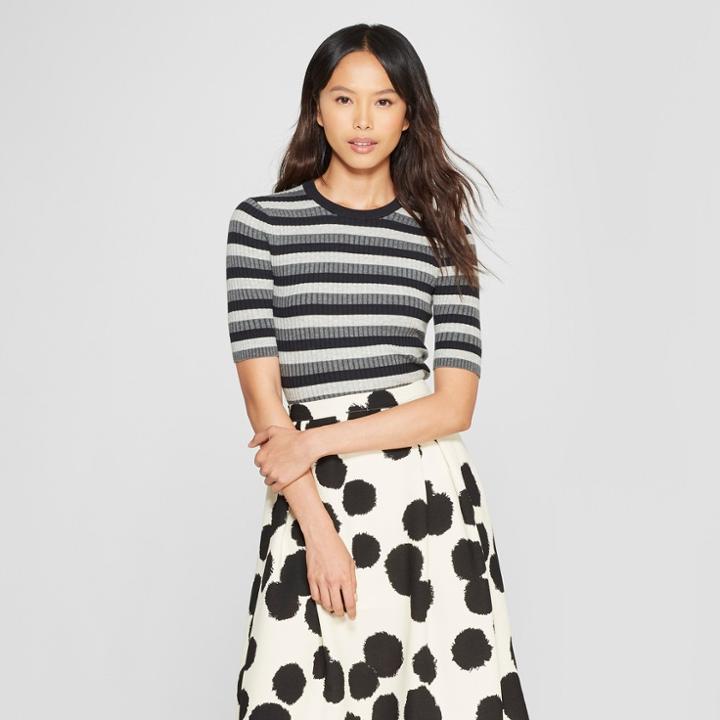 Women's Striped Elbow Sleeve Crew Sweater - Who What Wear Gray Xs, Gray