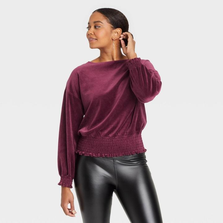 Women's Bishop Long Sleeve Smocked Top - A New Day Burgundy