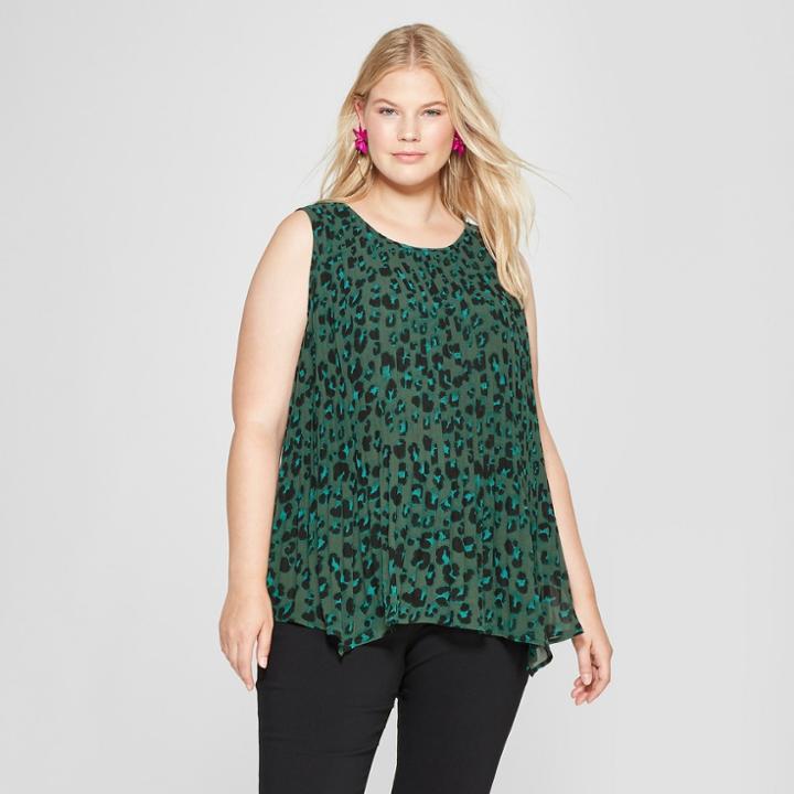 Women's Plus Size Animal Print Pleated Tank - Ava & Viv Green X