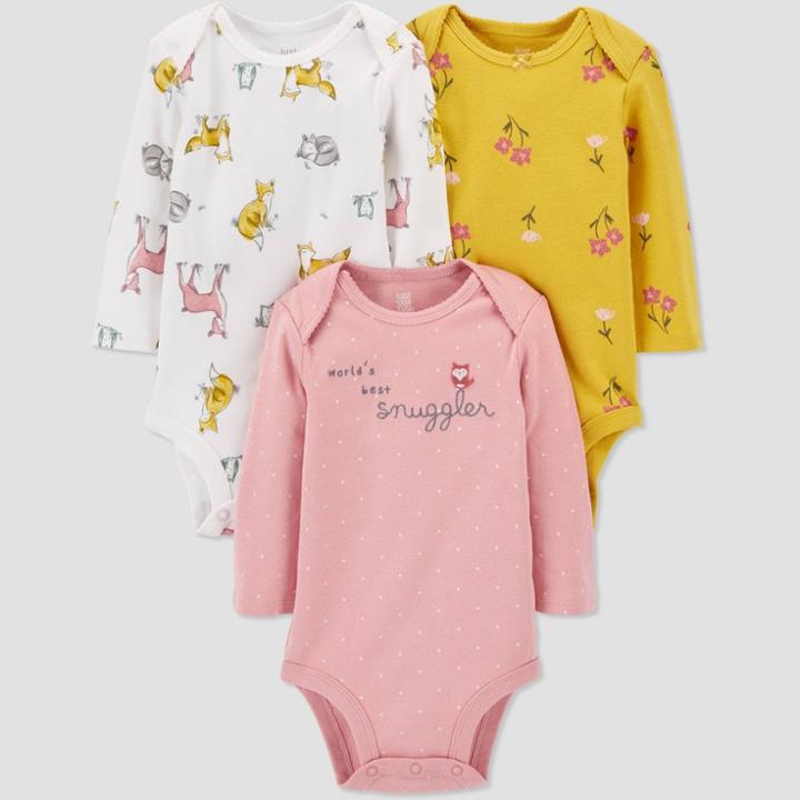 Baby Girls' 3pk Woodland Long Sleeve Bodysuit - Just One You Made By Carter's Pink/white/gold