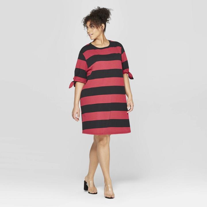 Women's Plus Size Striped Short Knotted Sleeve T-shirt Dress - Who What Wear Red/black X