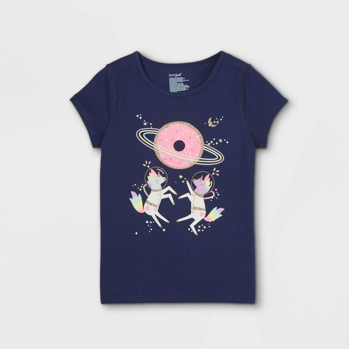 Girls' Adaptive Space Unicorns Short Sleeve Graphic T-shirt - Cat & Jack Navy