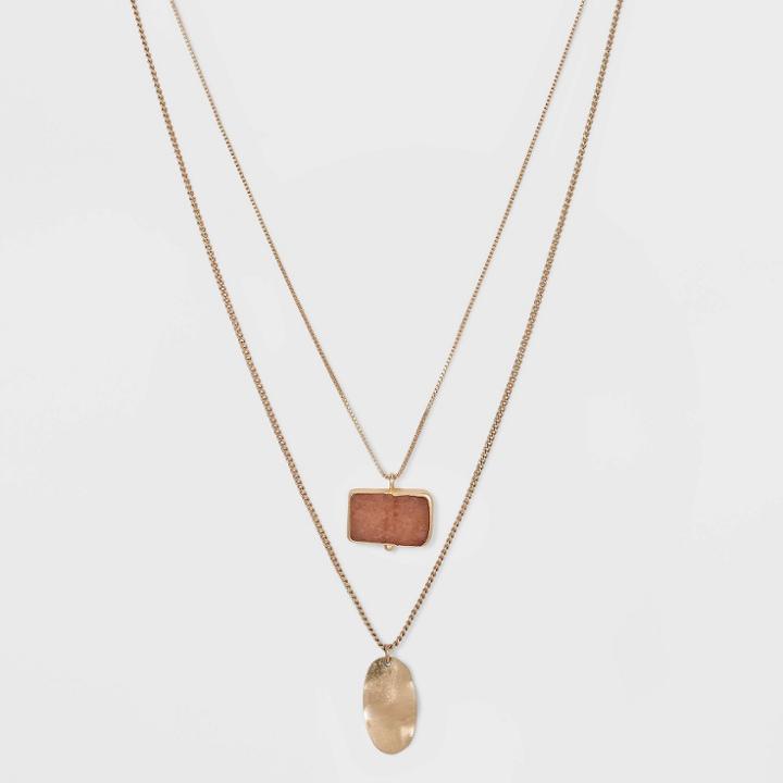 Semi-precious Dyed Pink Moonstone With Wavy Metal Tab Layered Charm Necklace - Universal Thread Pink